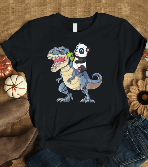 T-Shirt: Panda Riding Dinosaur Rex with Bamboo Stick T-Shirt Panda Riding Dinosaur Rex with Bamboo Stick T-Shirt
