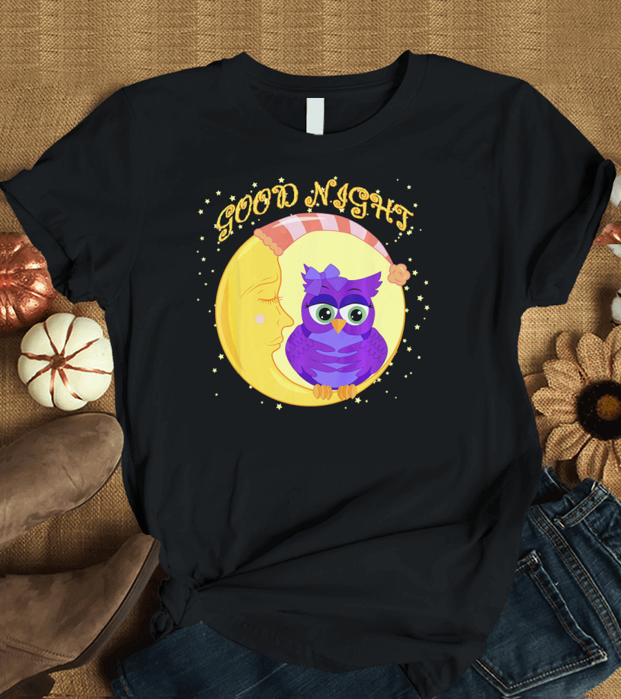 Good Night Cute Owl Moon With Stars T-Shirt