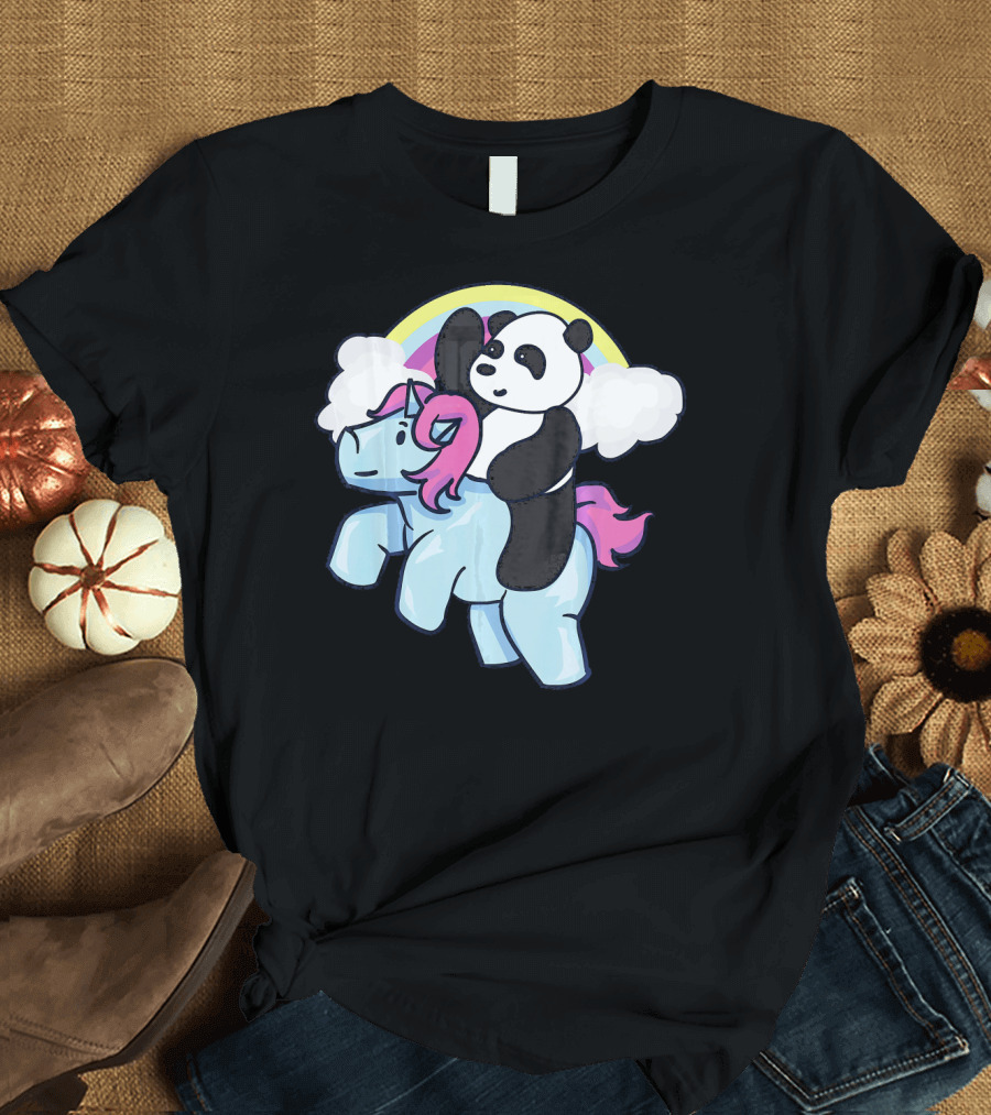 Panda Riding Unicorn Cute Meme Pandacor Rainbow Clouds T-Shirt