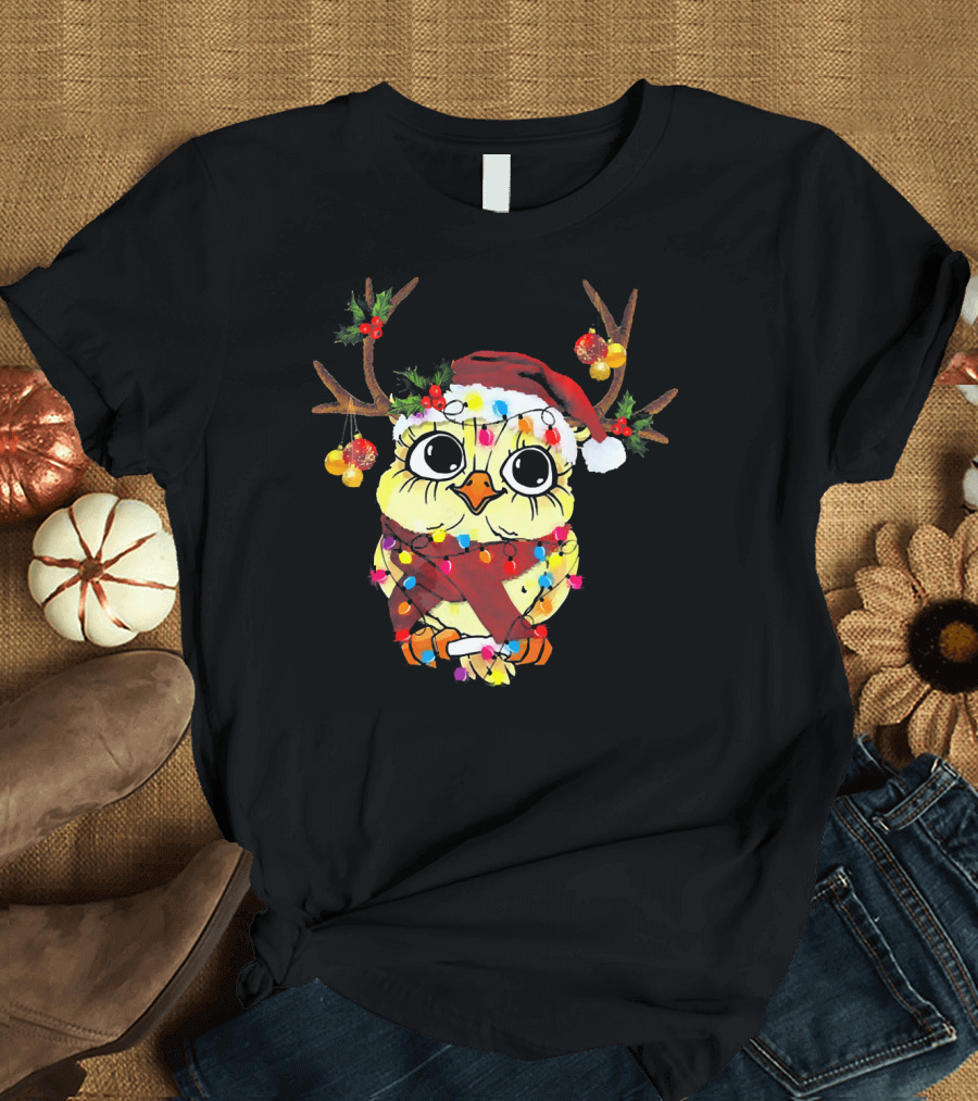 Owl Christmas Reindeer Antlers Lights Festive Santa Hat and Scarf T-Shirt