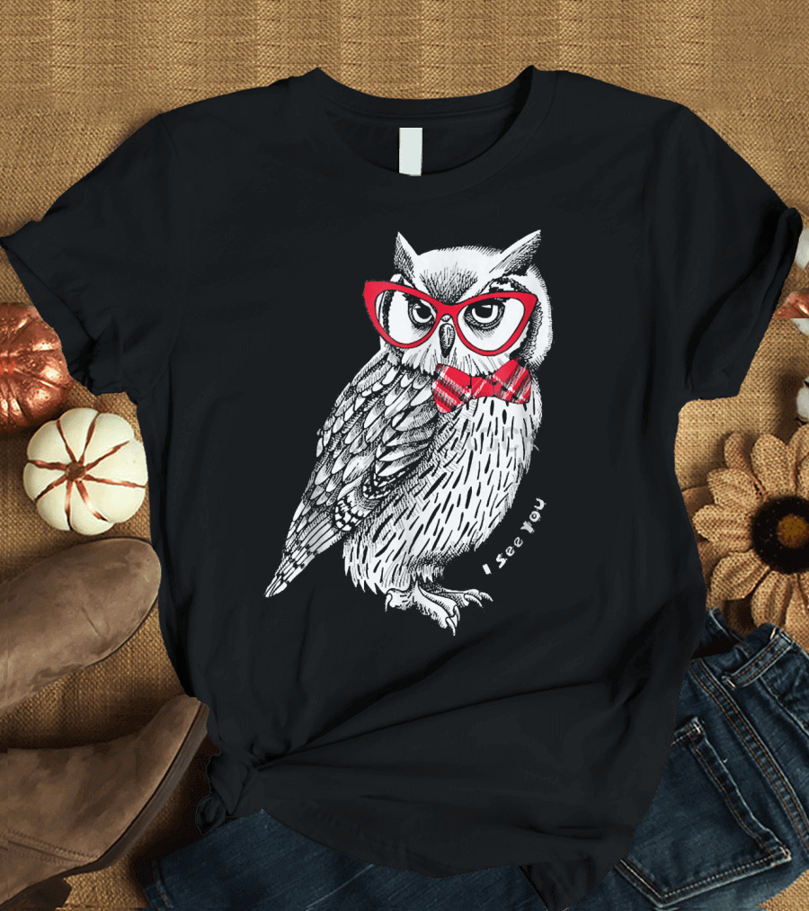 Owl Sapienza I See You Red Glasses and Bow Tie T-Shirt