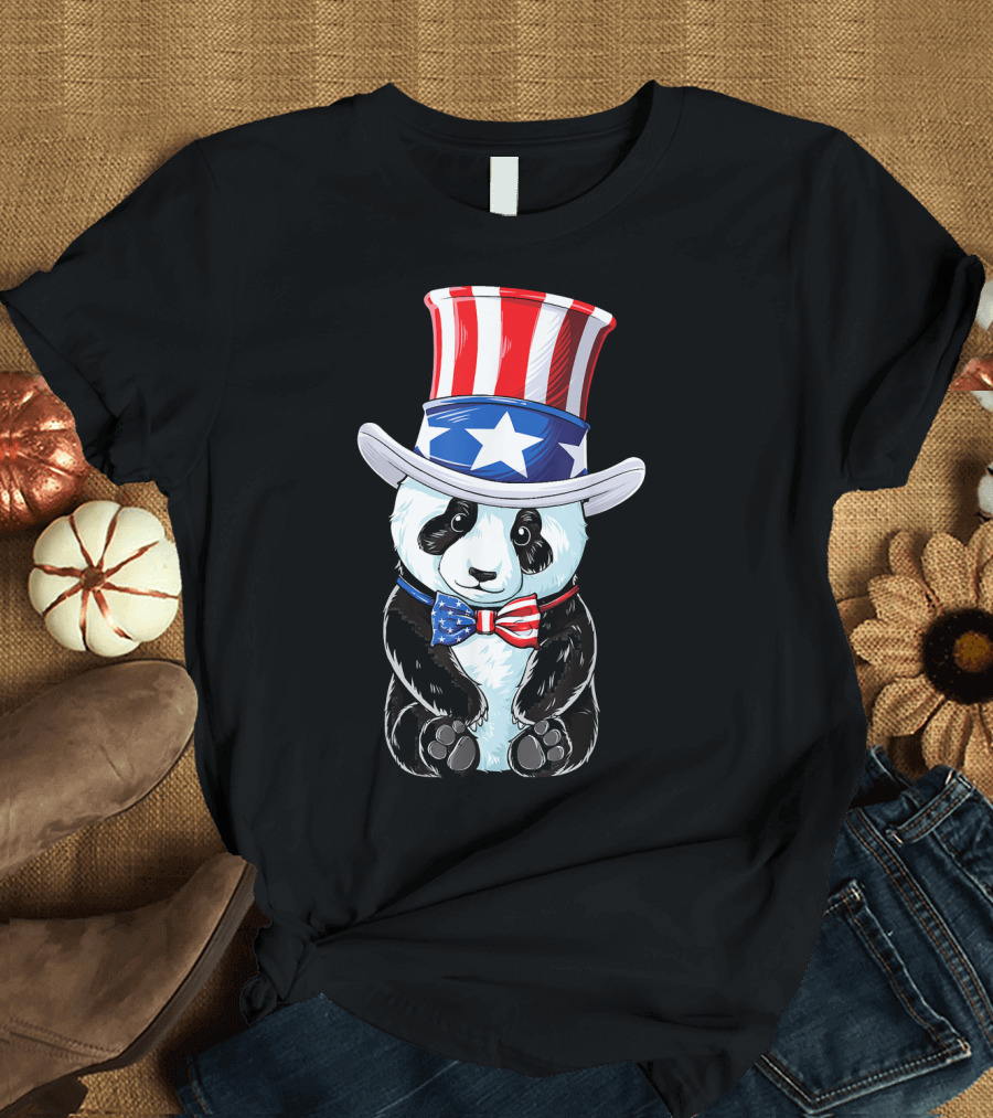 Panda in Uncle Sam Hat with USA Bow Tie for 4th of July T-Shirt