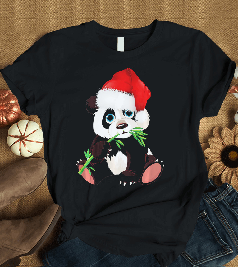 Christmas Panda in Santa Hat Eating Bamboo T-Shirt