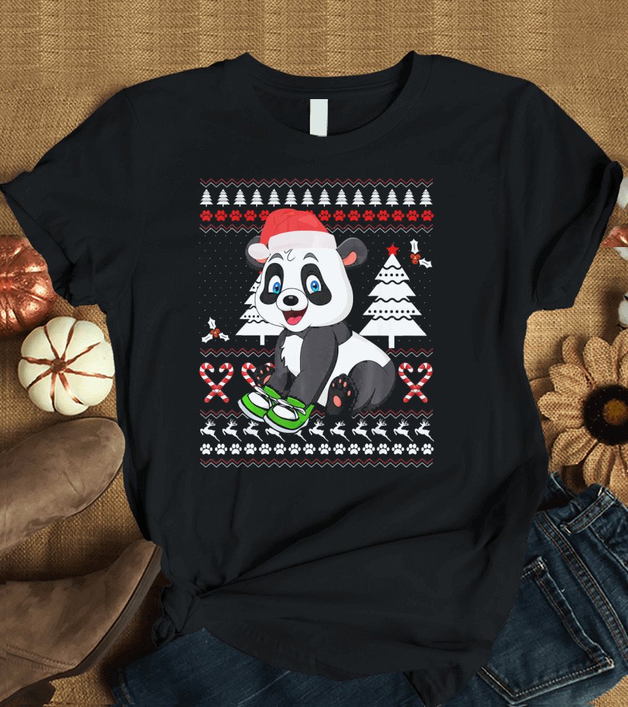 Panda Cute Ugly Christmas Sweater Festive Holiday Trees T-Shirt