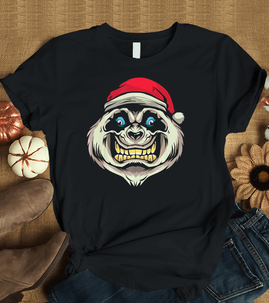Panda Santa Grinning Face with Red Santa Hat T-Shirt