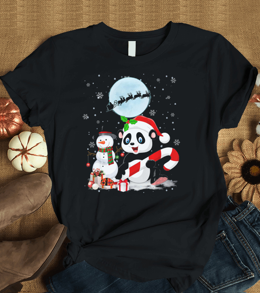 Panda Santa Hat with Candy Cane and Snowman under Christmas Moon with Sleigh T-Shirt