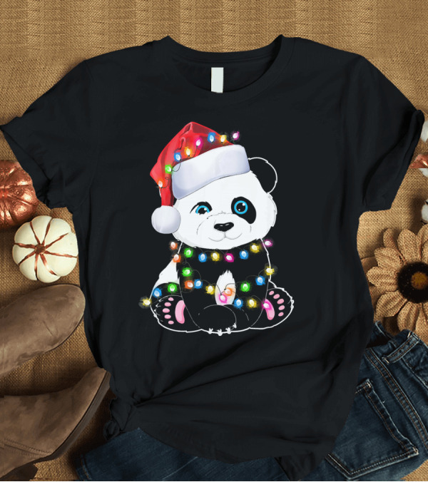 T-Shirt: Panda Wrapped in Christmas Lights Wearing Santa Hat T-Shirt Panda Wrapped in Christmas Lights Wearing Santa Hat T-Shirt