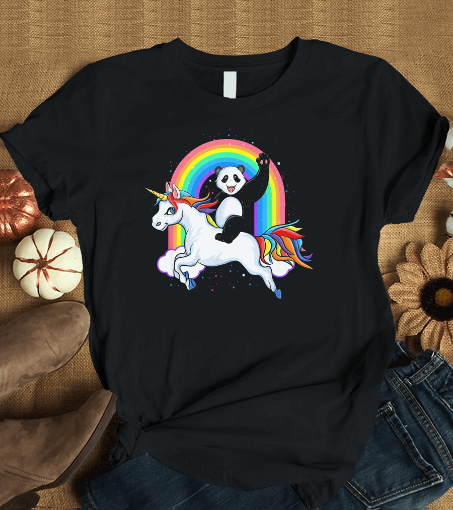 Panda Riding Unicorn Pandicorn Rainbow Waves T-Shirt