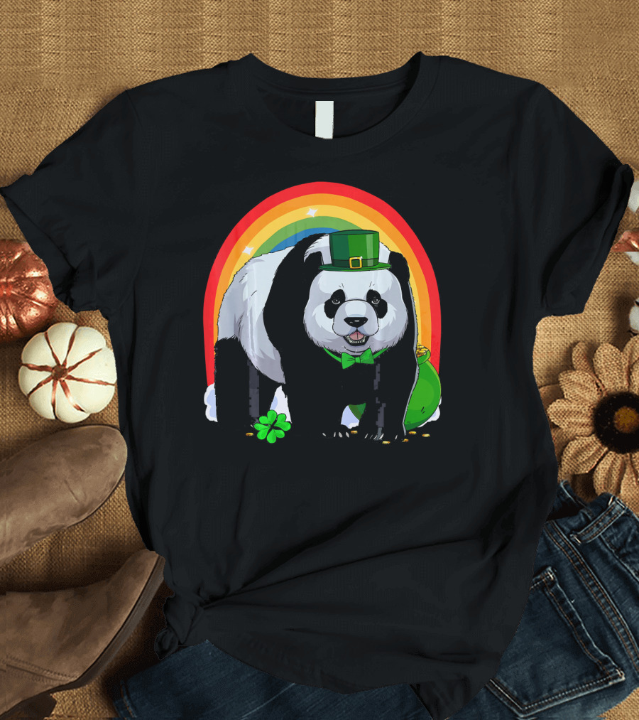 Cute Panda Bear Leprechaun Stands With Rainbow and Shamrock T-Shirt