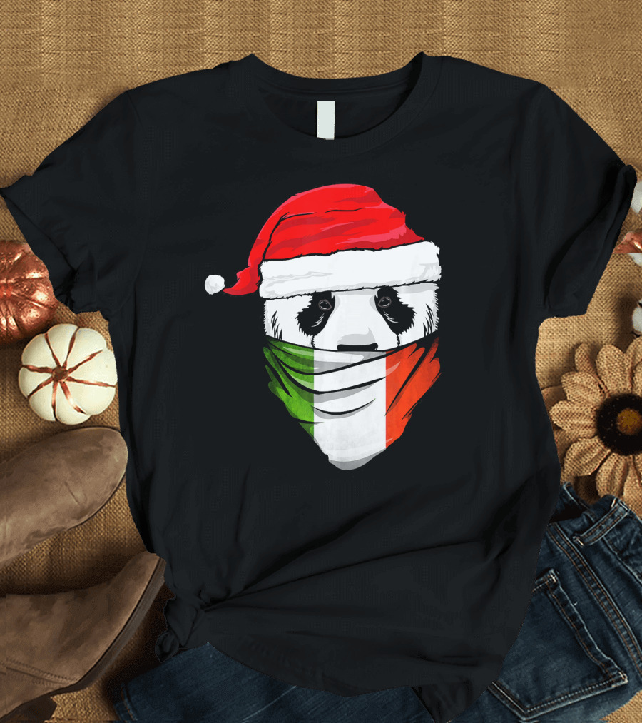 Panda Wearing Santa Hat with Italian Flag Bandana T-Shirt