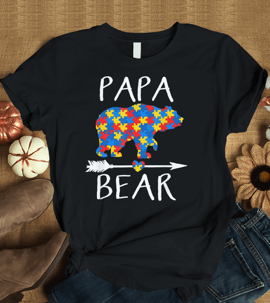 Papa Bear Puzzle Bear Heart Arrow Autism Awareness T-Shirt