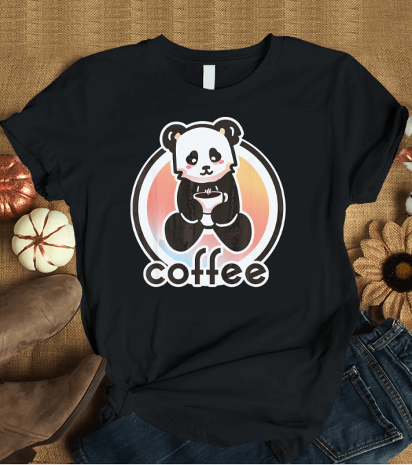 T-Shirt: Panda with Coffee Cup and Circle Background Coffee T-Shirt Panda with Coffee Cup and Circle Background Coffee T-Shirt