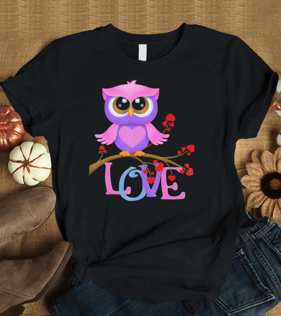 Pink Purple Owl with Hearts and Love Text T-Shirt