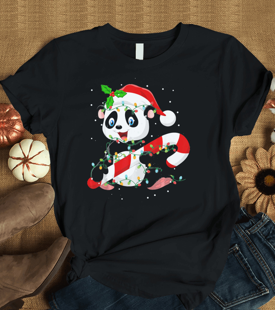 Panda Wrapped in Christmas Tree Lights with Santa Hat and Candy Cane T-Shirt
