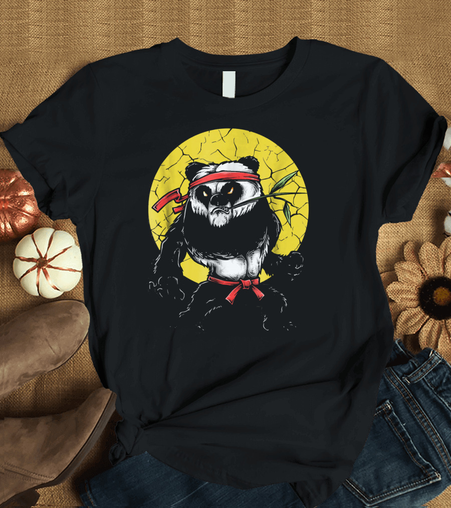 Panda Warrior Martial Arts Combat with Bamboo and Red Headband T-Shirt