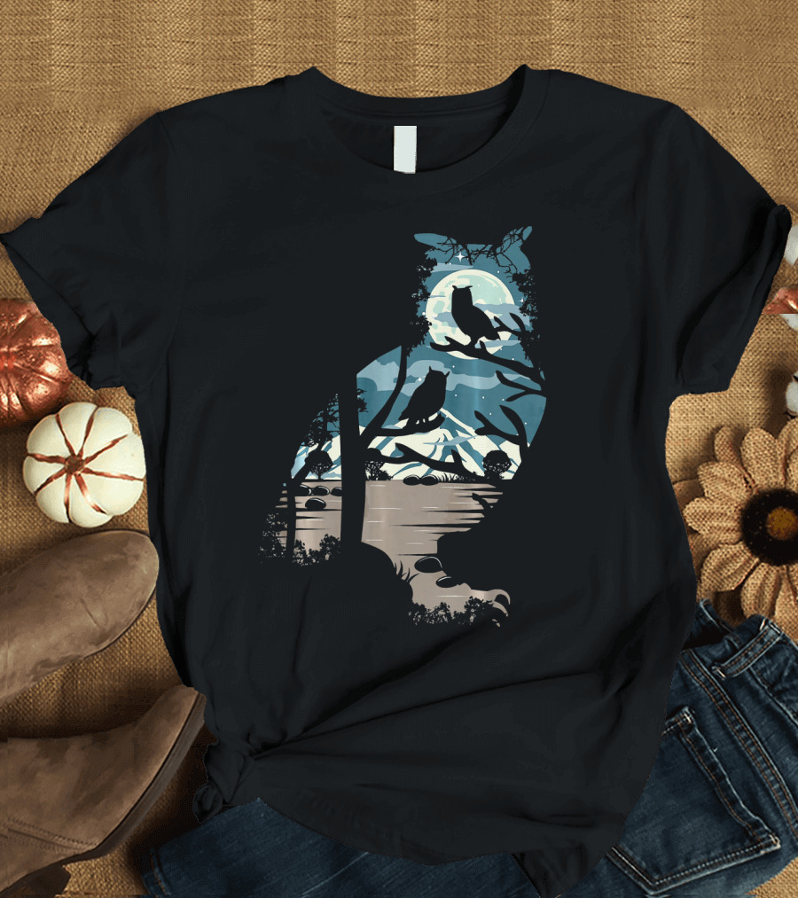 Owl Nature Mountain Moon Night Silhouette Scene T-Shirt