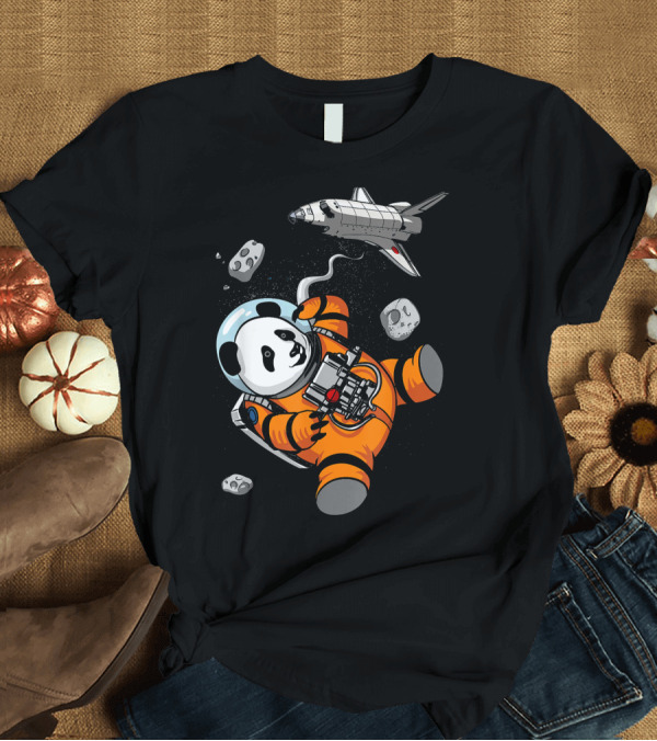 T-Shirt: Panda Bear Astronaut in Space with Shuttle Floating Amidst Cosmic Rocks T-Shirt Panda Bear Astronaut in Space with Shuttle Floating Amidst Cosmic Rocks T-Shirt