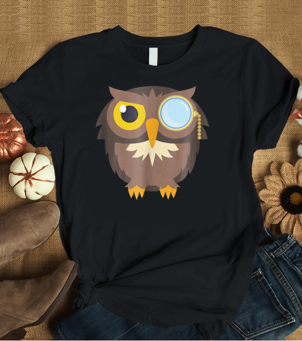 T-Shirt: Monocle Owl Emoji Cute Smiley Brown Bird With Yellow Eyes and Blue Lens T-Shirt Monocle Owl Emoji Cute Smiley Brown Bird With Yellow Eyes and Blue Lens T-Shirt