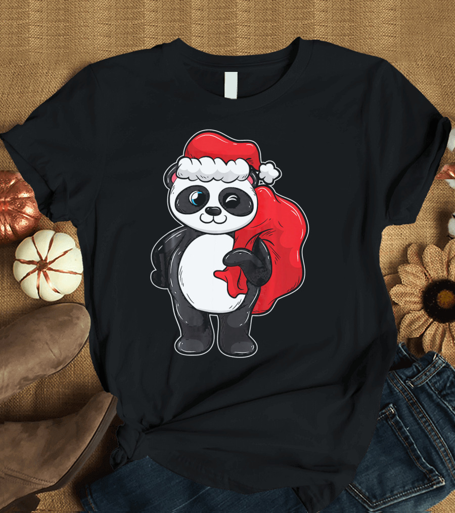 Panda with Santa Hat and Red Sack T-Shirt