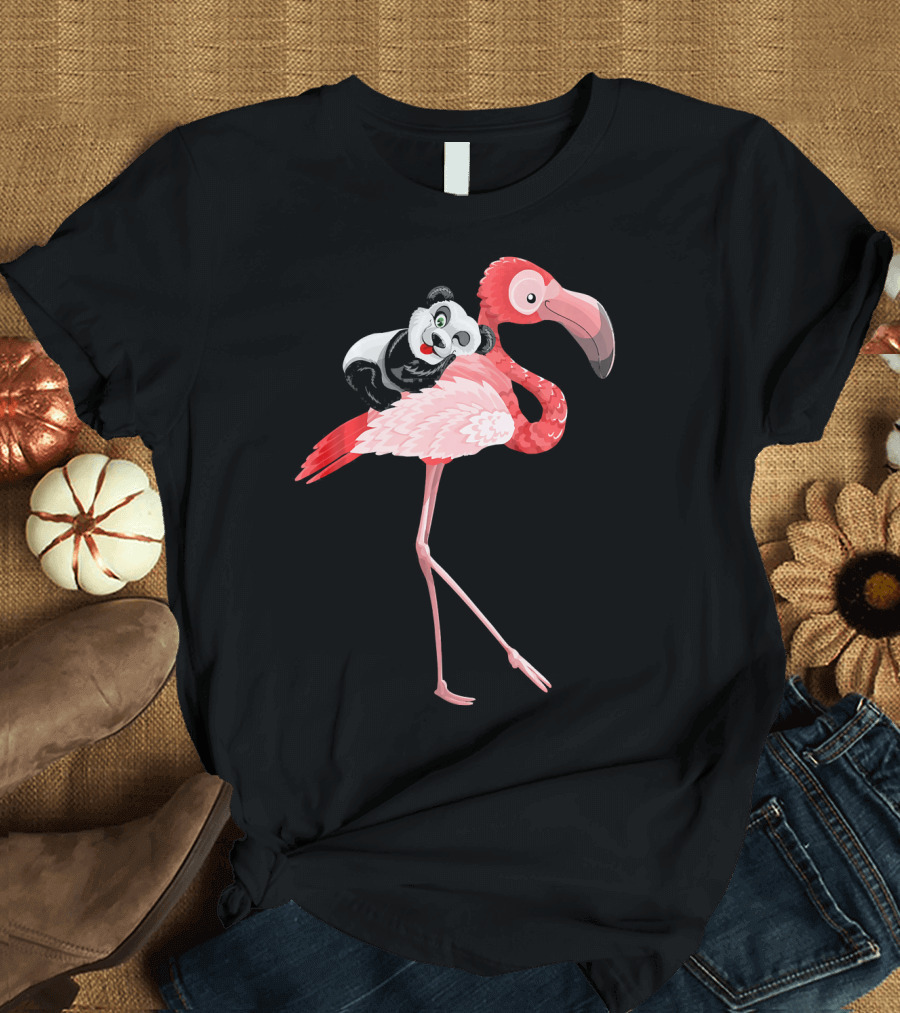 Panda Riding A Flamingo Bird T-Shirt