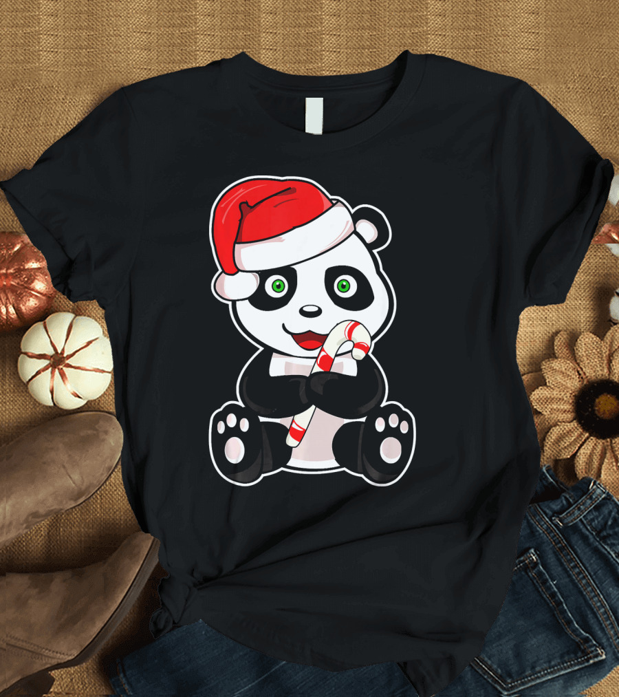 Panda Baby Christmas Candy Cane Santa Hat T-Shirt
