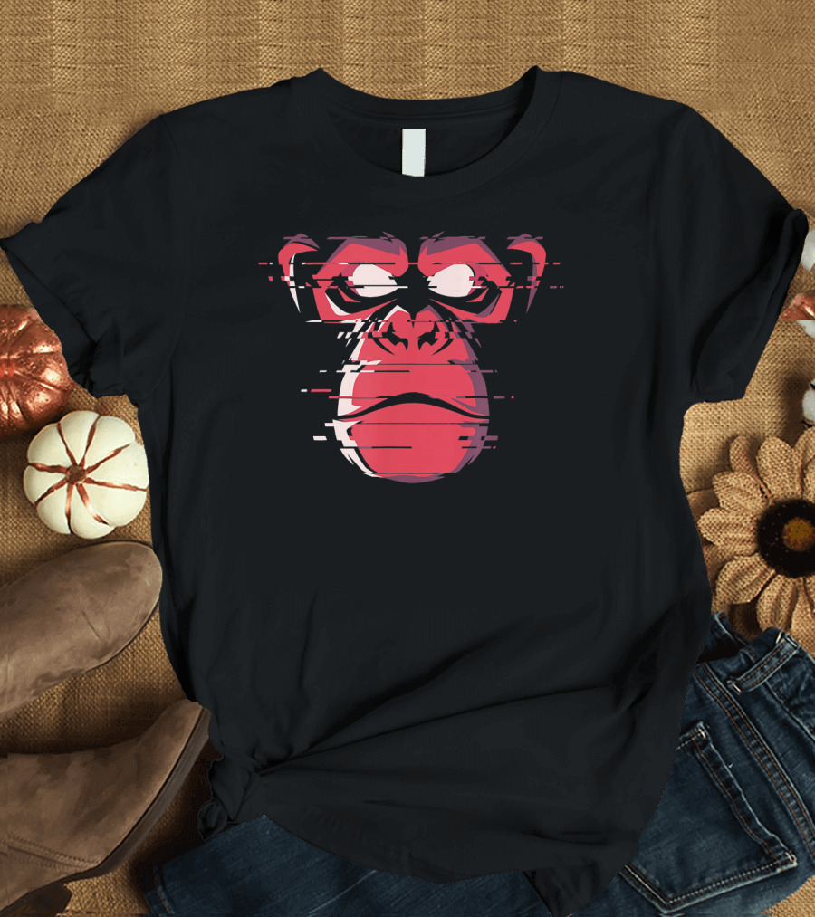 Red Angry Gorilla Ape Chimp With Glitch Effect T-Shirt