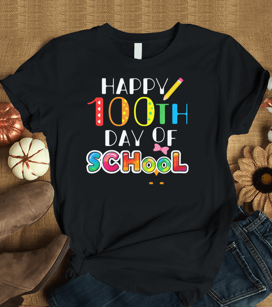 Happy 100th Day of School Owl Bow Colorful Letters T-Shirt