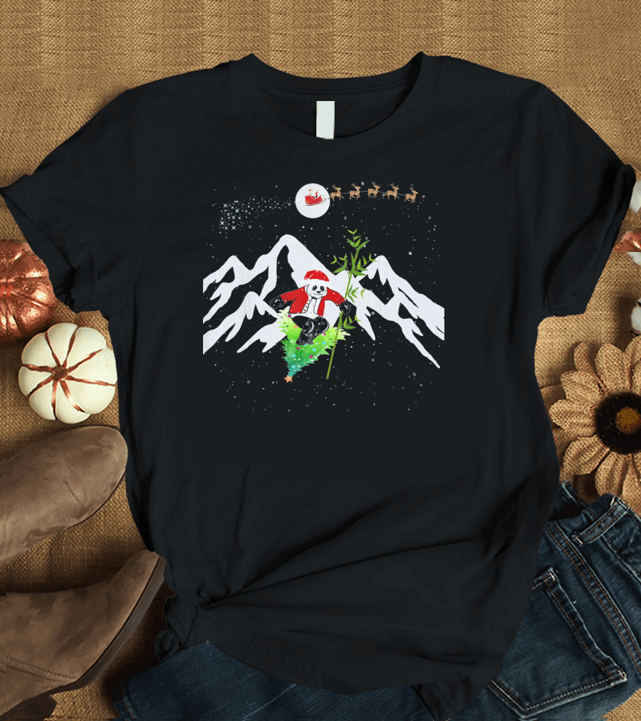 Panda Bear Skiing on Christmas Tree with Santa Hat and Reindeer in Snowy Mountains T-Shirt