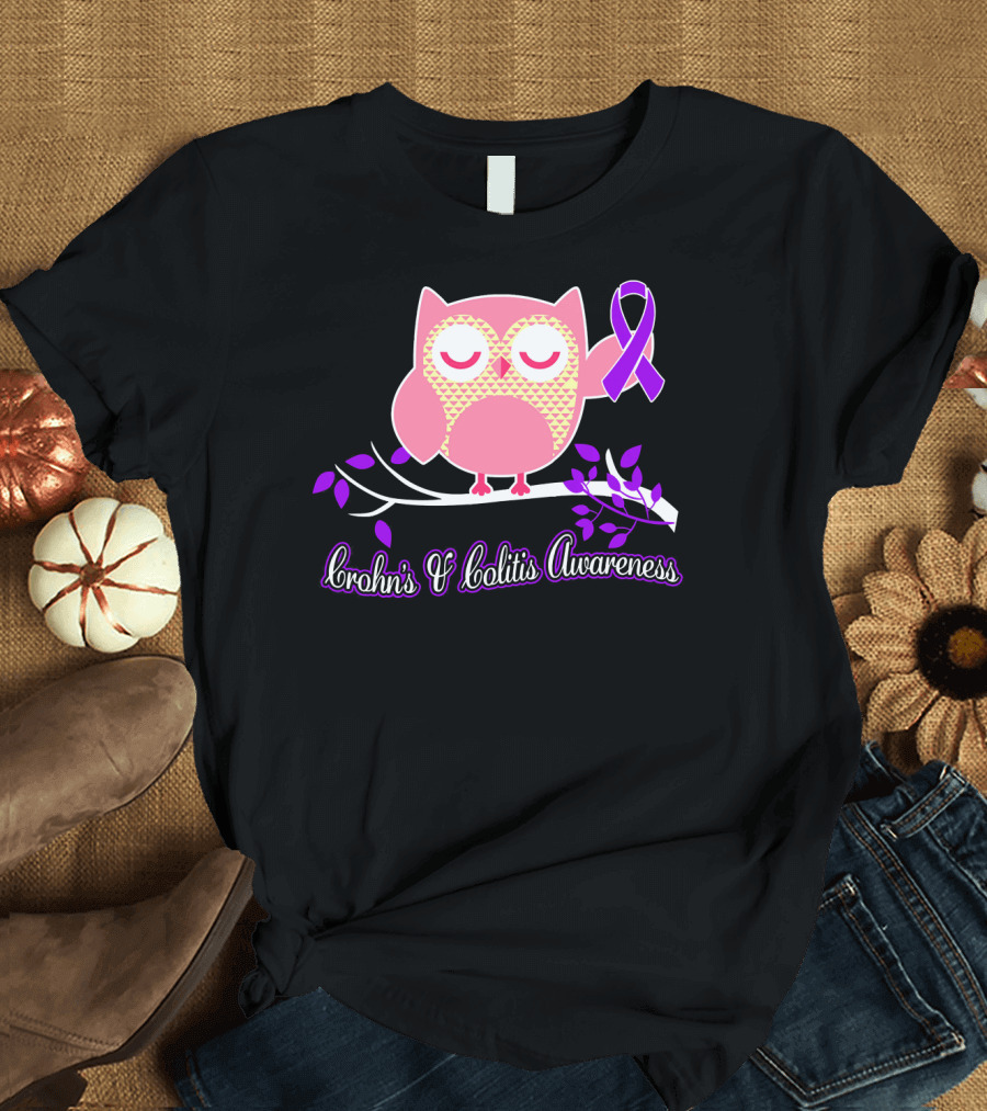 Crohn's and Colitis Awareness Owl with Purple Ribbon on Branch T-Shirt