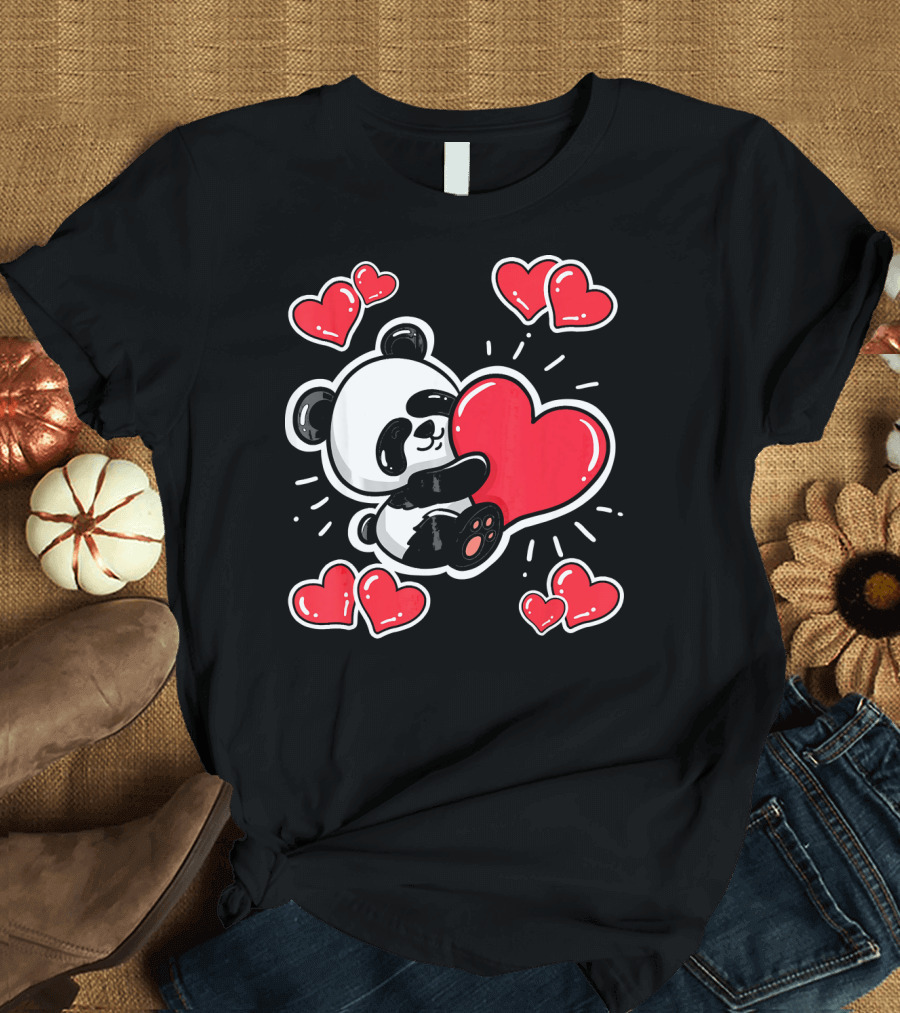 Panda Holding Red Hearts Valentines T-Shirt