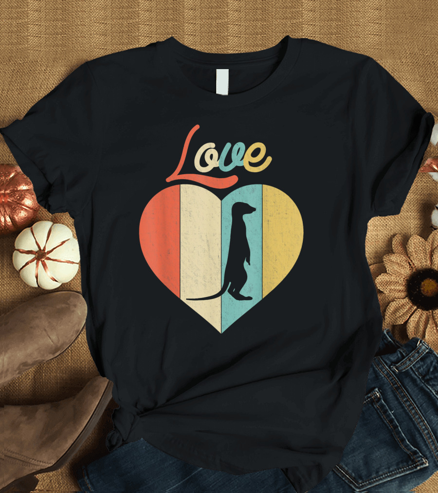 Vintage Retro Love Meerkat Heart Silhouette Stripes T-Shirt