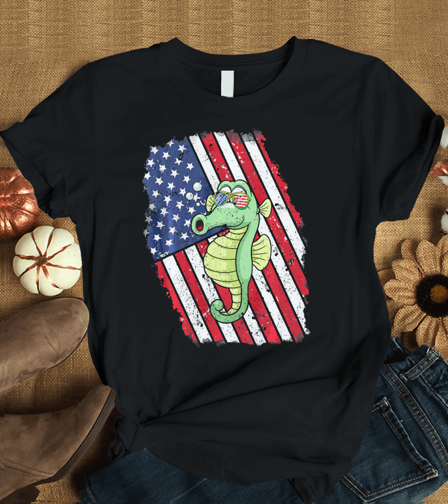 Seahorse Wearing Sunglasses with American Flag Background T-Shirt