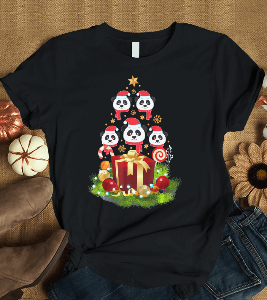 Santa Panda Christmas Tree Funny Xmas Decor with Presents and Candy Canes T-Shirt