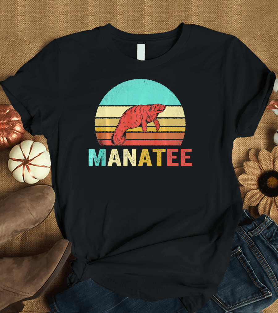 Manatee Vintage Sunset Retro Stripes T-Shirt
