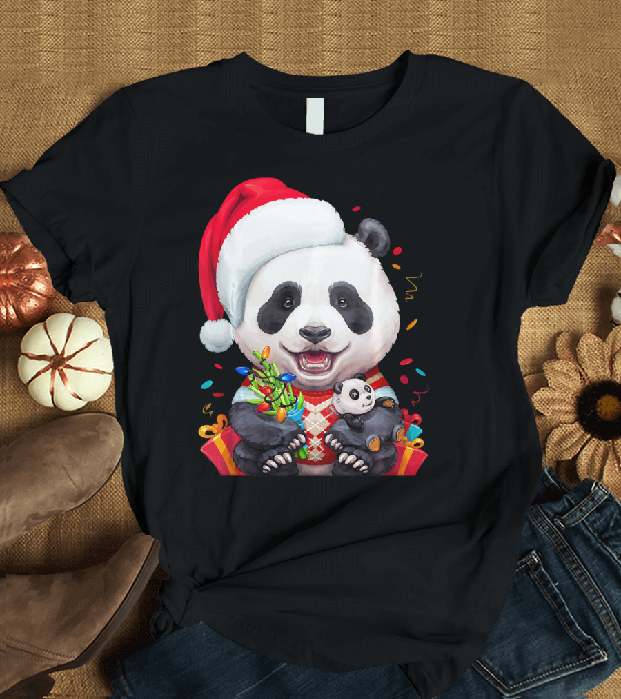 Smiling Giant Panda Bear with Christmas Lights and Santa Hat T-Shirt