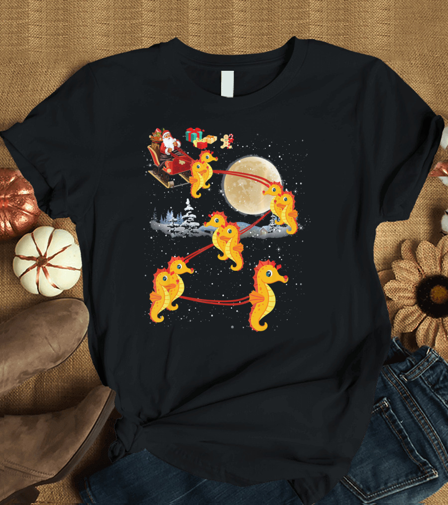 Santa's Sleigh Pulled by Seahorse Reindeer in Winter Wonderland Scene T-Shirt