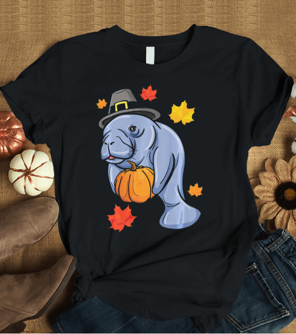 T-Shirt: Thanksgiving Manatee Pilgrim Fall Pumpkin and Autumn Leaves T-Shirt Thanksgiving Manatee Pilgrim Fall Pumpkin and Autumn Leaves T-Shirt