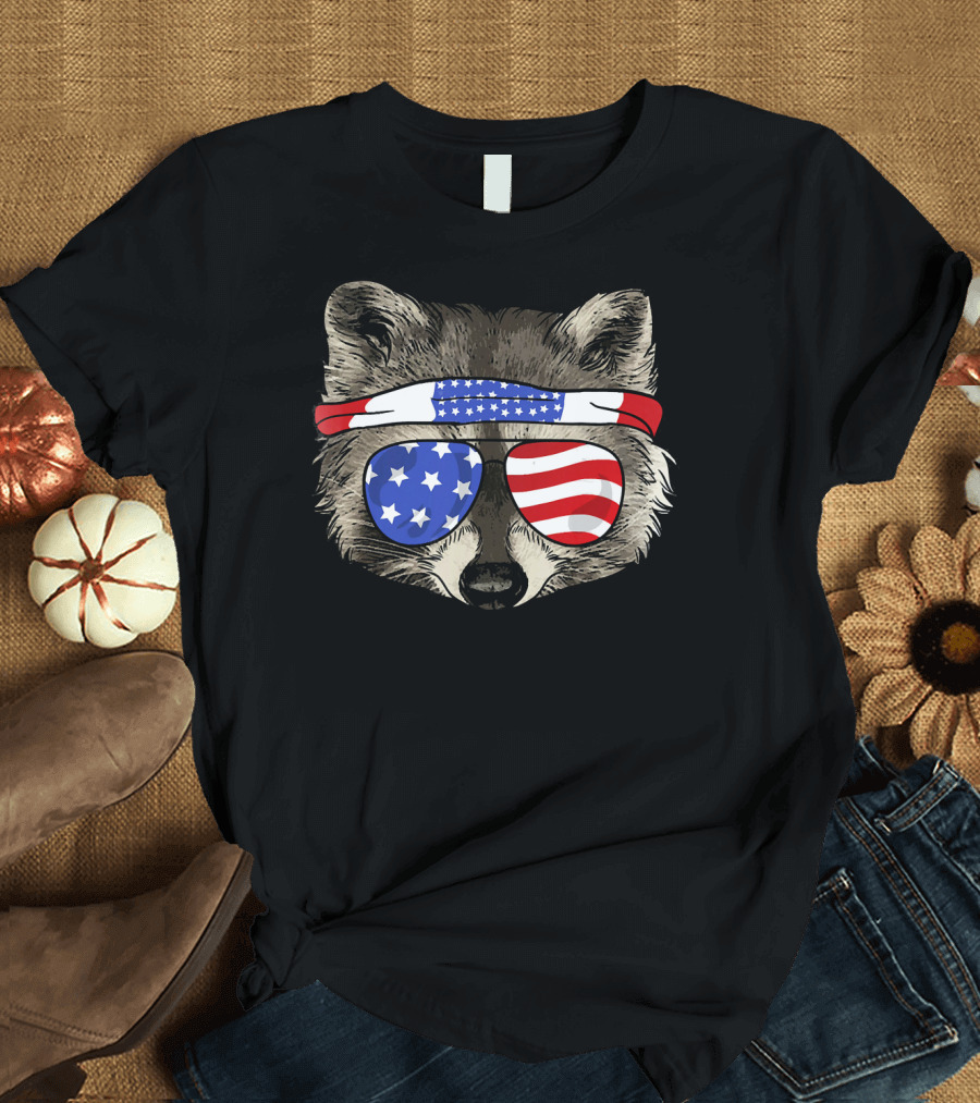 USA Patriotic Raccoon Stars and Stripes Sunglasses July T-Shirt