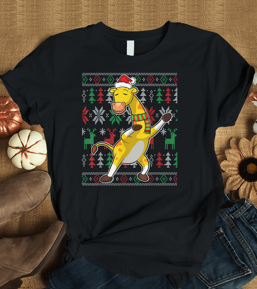 Ugly Christmas Dabbing Santa Hat Scarf Giraffe T-Shirt