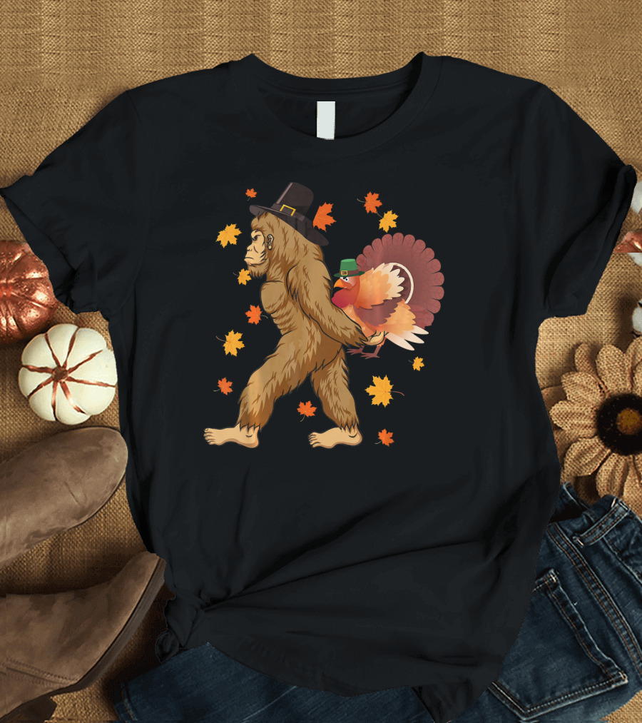 Thanksgiving Day Funny Gorilla Pilgrim with Turkey and Autumn Leaves T-Shirt