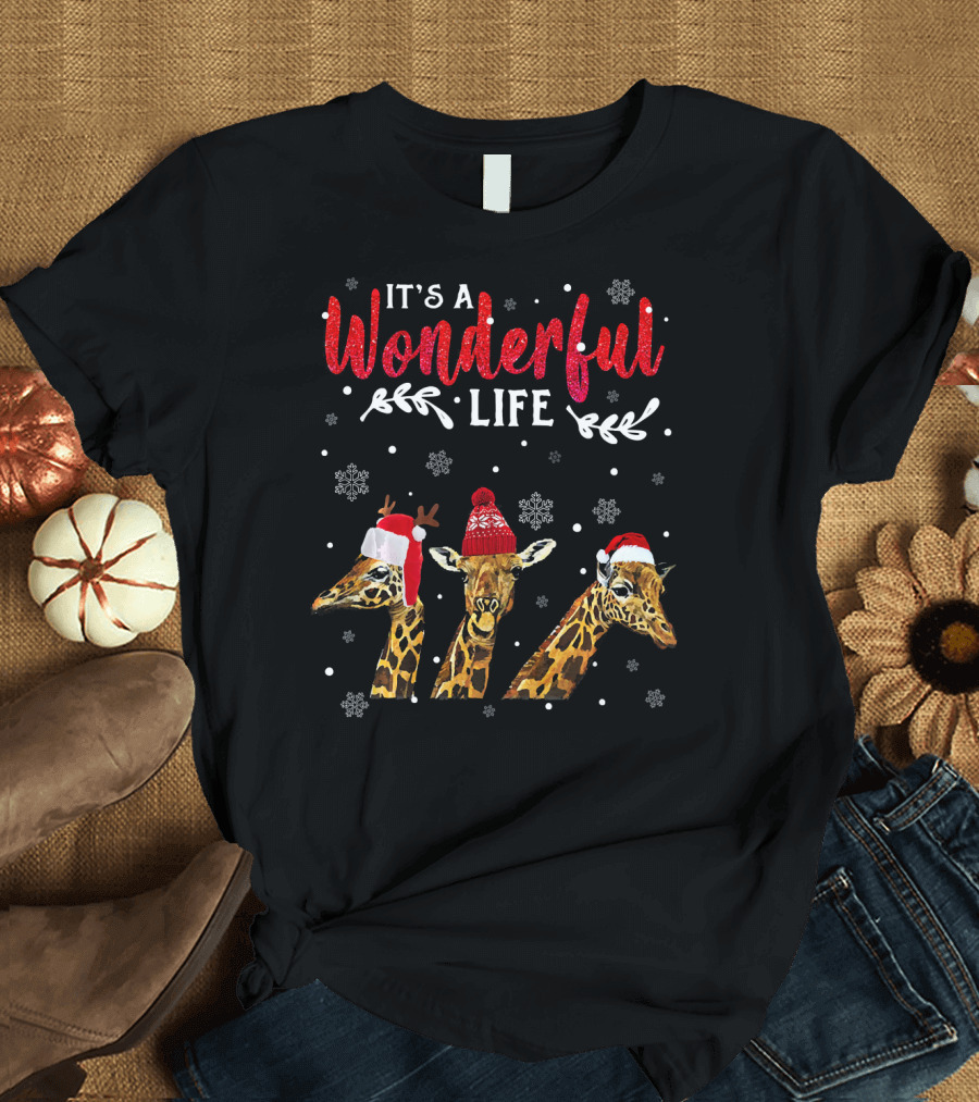 Tee89s Giraffe It's a Wonderful Life Christmas Snowflakes Santa Hats T-Shirt