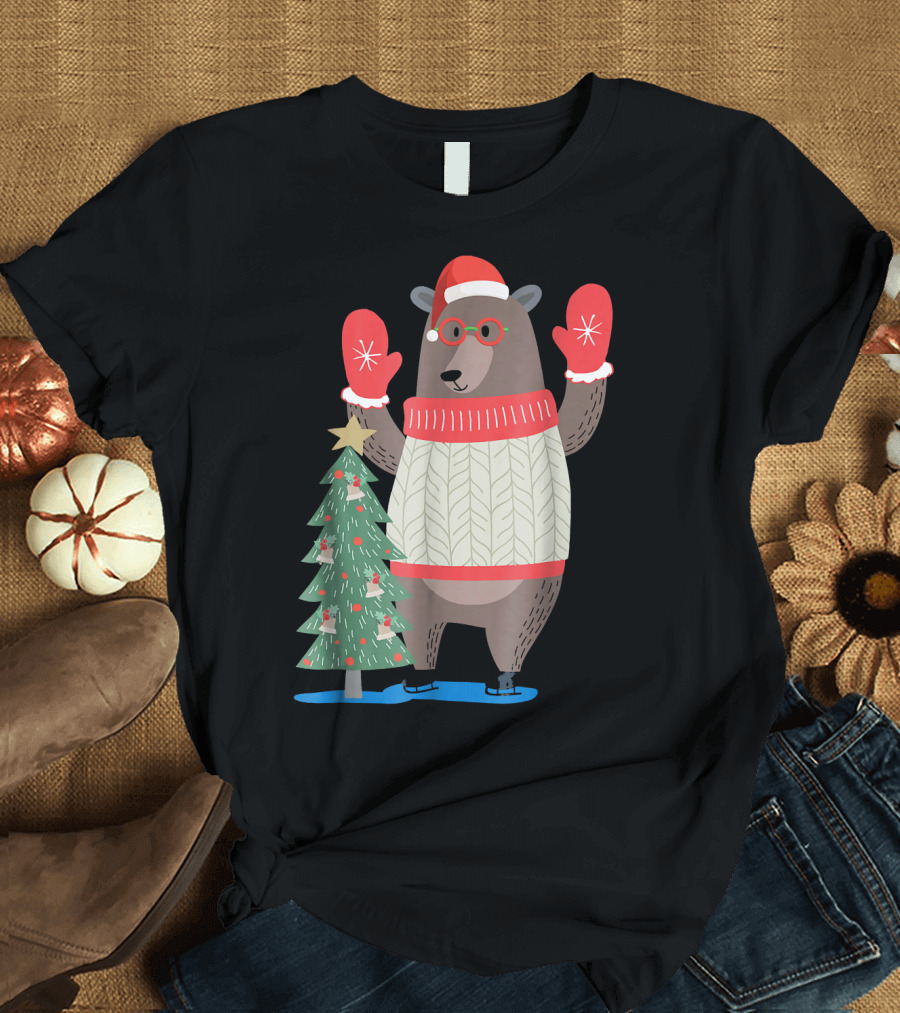 The Big Christmas Bear in Sweater with Santa Hat and Mittens Near Festive Decorated Tree T-Shirt
