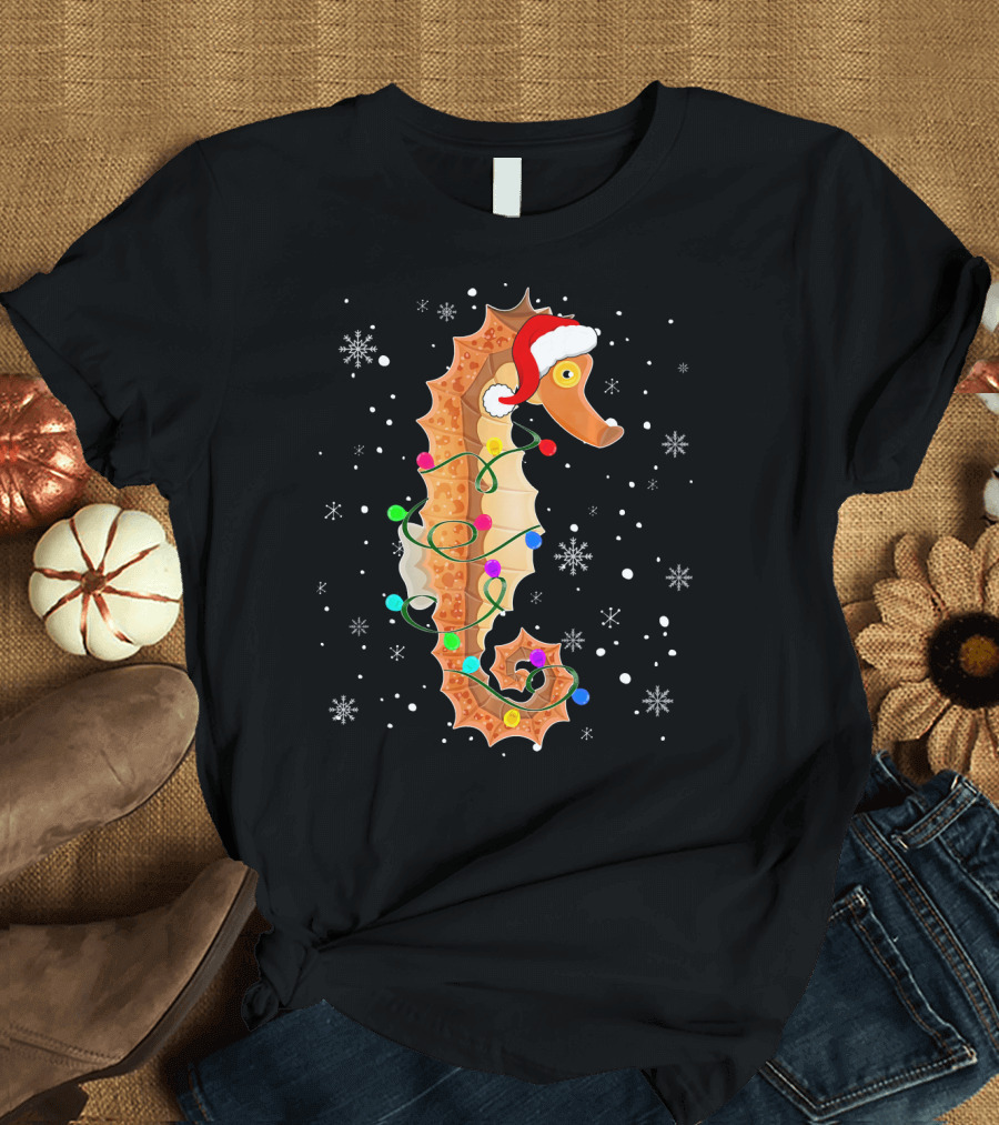 Seahorse Wrapped in Christmas Lights with Santa Hat and Snowflakes T-Shirt