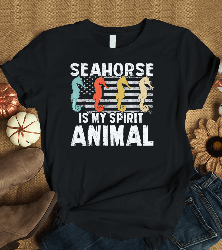 Seahorse Is My Spirit Animal Vintage American Flag T-Shirt