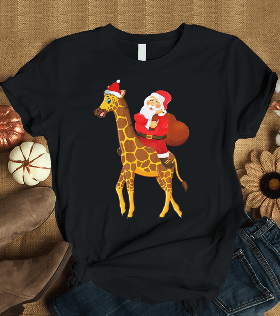 Santa Riding Giraffe Rex with Red Bag Iconic Christmas Scene T-Shirt