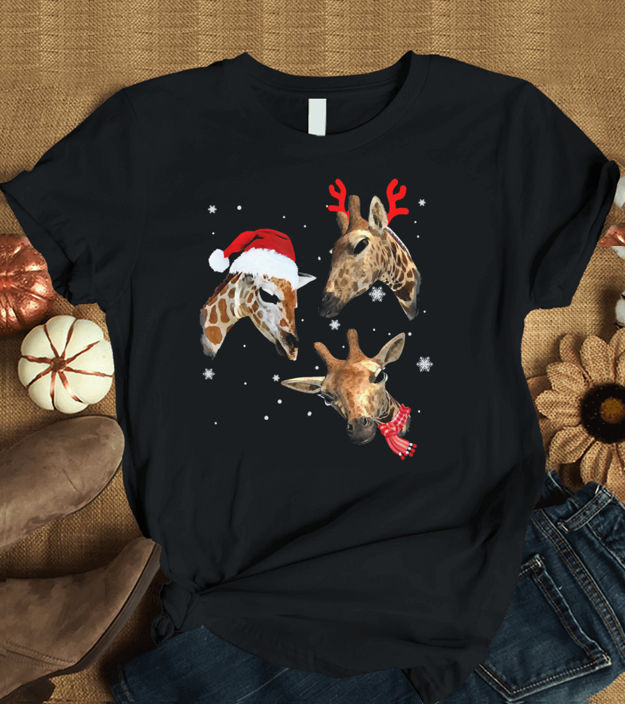 Three Giraffe Christmas Santa Hat Reindeer Antlers Scarf Snowflakes T-Shirt