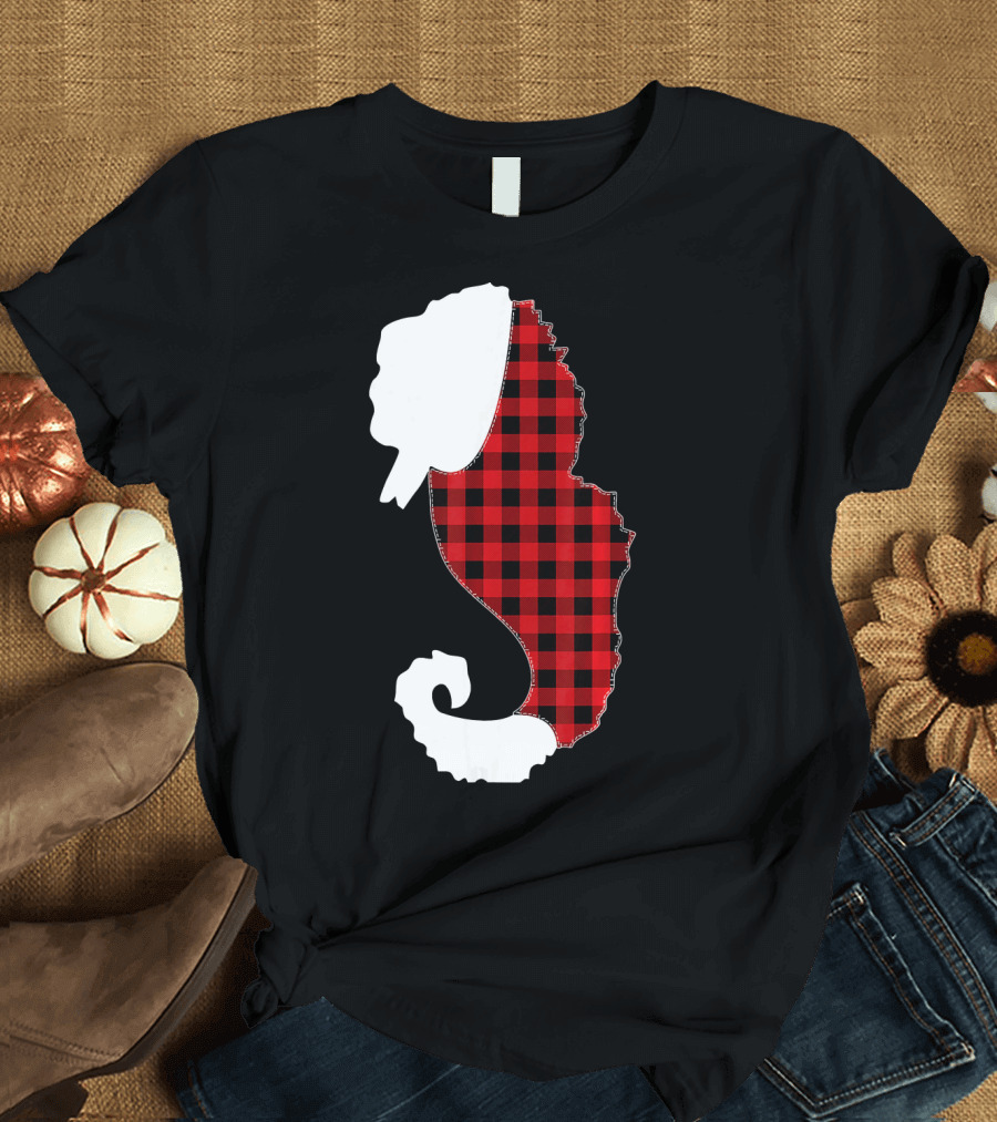 SEAHORSE Christmas Red Plaid Costume with Santa Hat T-Shirt