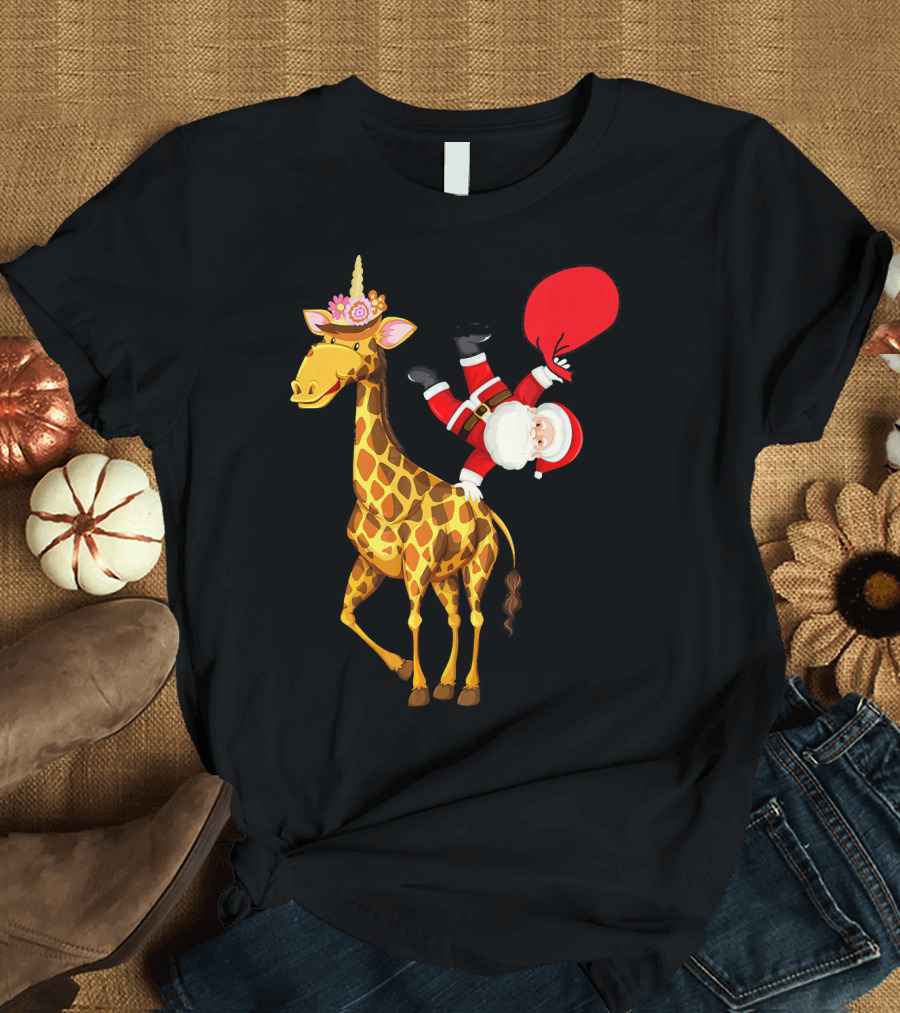 Santa Riding Giraffe Unicorn with Red Gift Bag T-Shirt