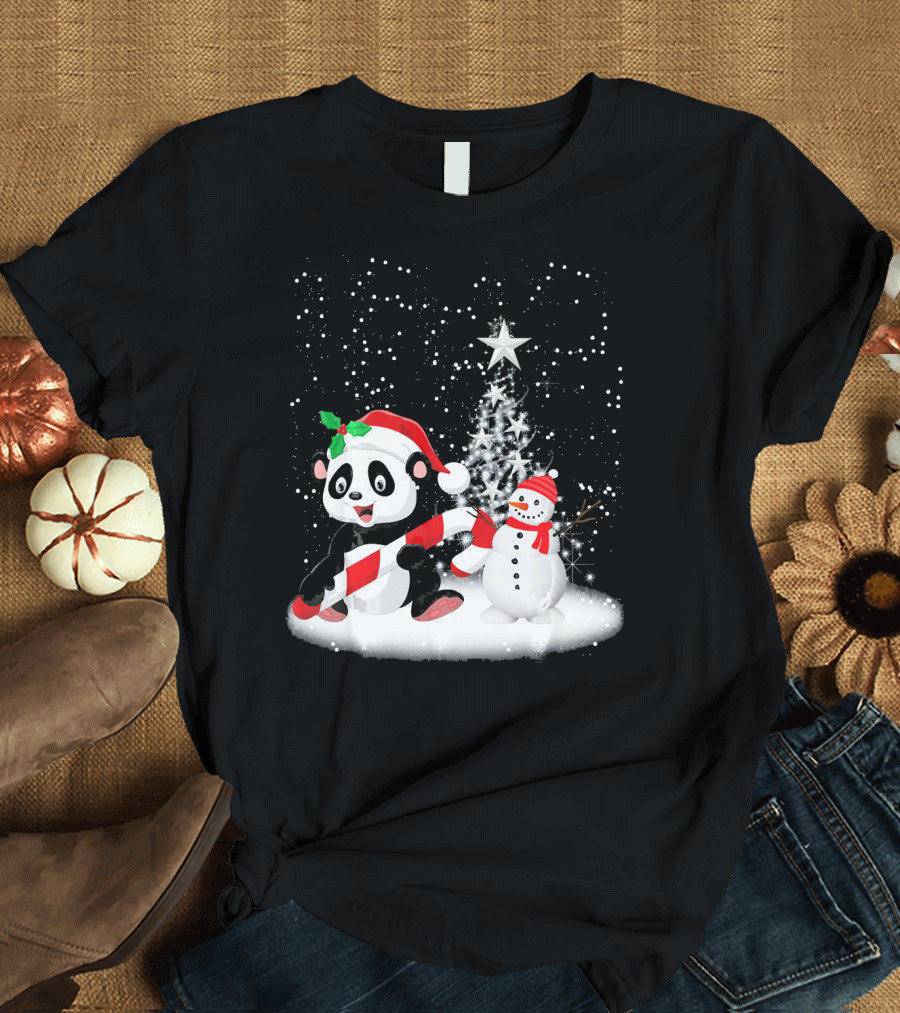 Ugly Christmas Panda with Candy Cane and Snowman in Winter Wonderland T-Shirt