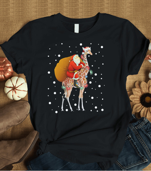 T-Shirt: Santa Riding Giraffe Christmas Lights Holiday Snowflakes T-Shirt Santa Riding Giraffe Christmas Lights Holiday Snowflakes T-Shirt